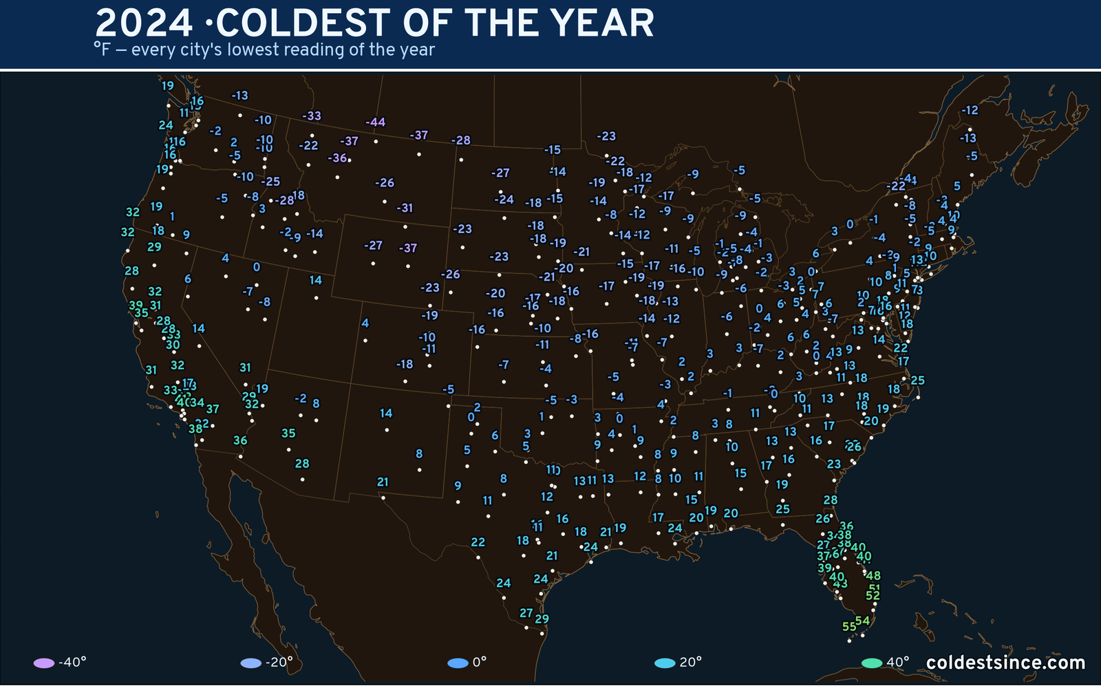 2024 — hottest and coldest temperature at each U.S. city