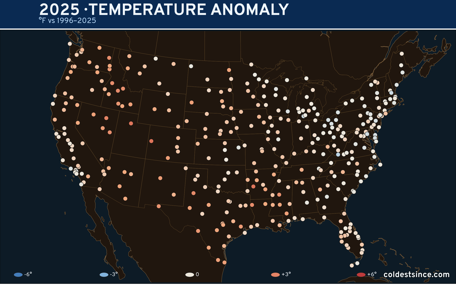 2025 U.S. temperature anomaly map