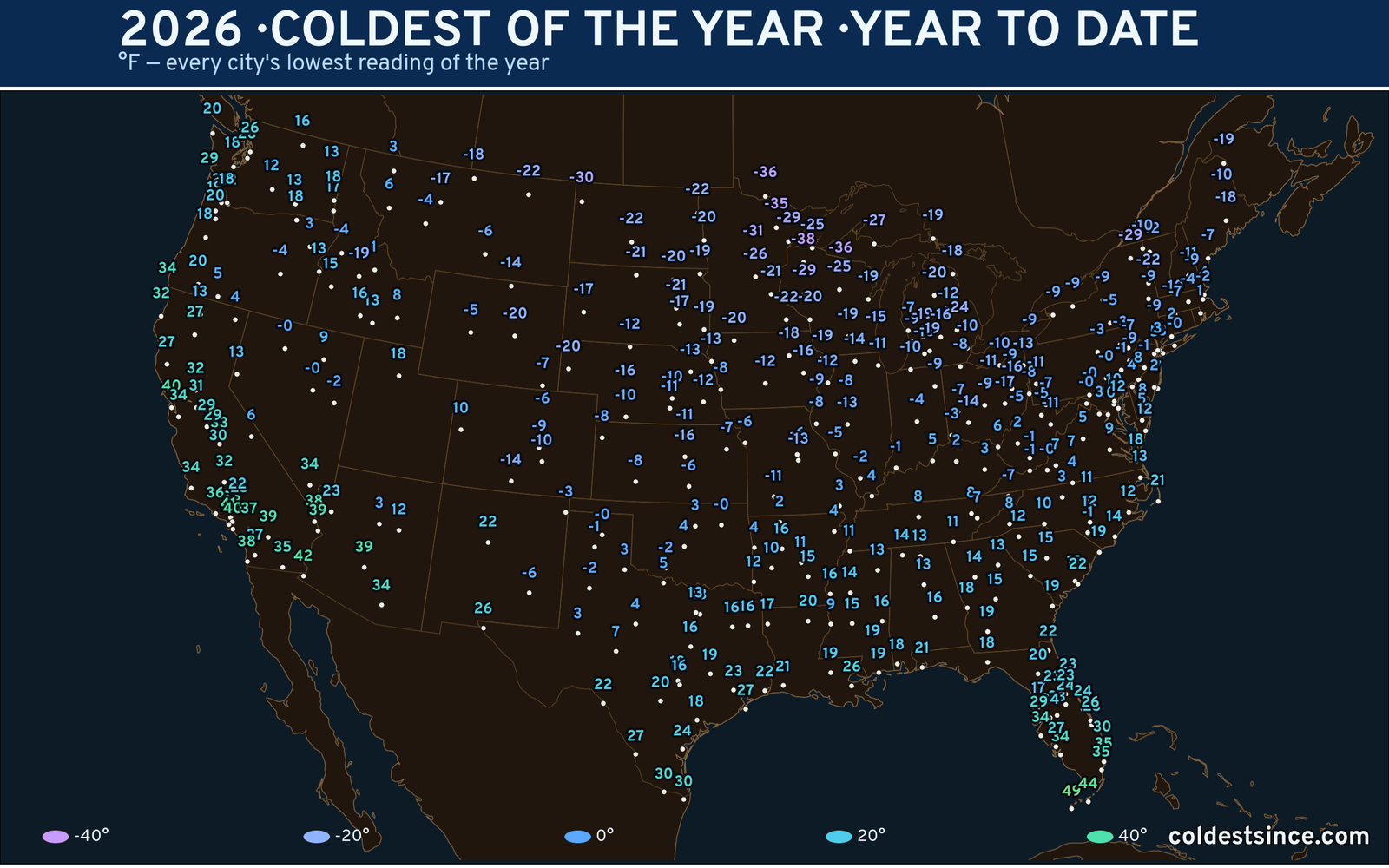 2026 — hottest and coldest temperature at each U.S. city